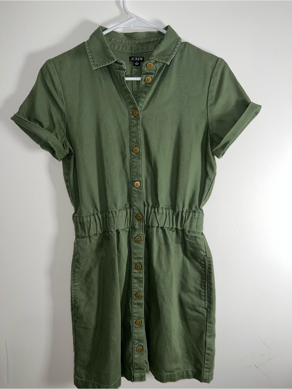 J. Crew Olive Button-Front Short-Sleeve Mini Dress - Picture 2 of 4